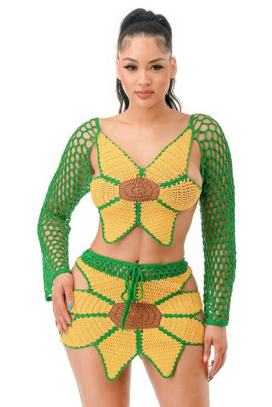 Green and Yellow Crochet Skirt Set Sunflower