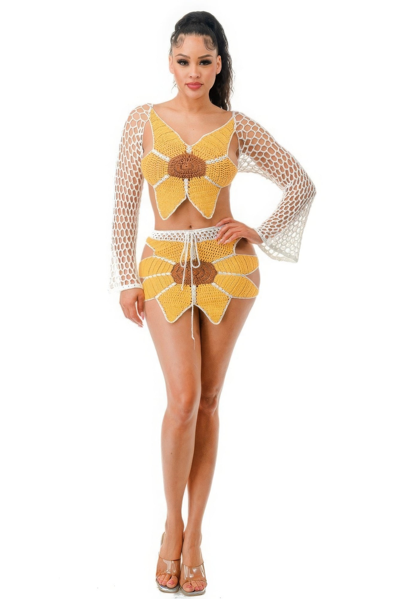 White and Yellow Crochet Skirt Set Sunflower